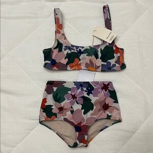 Floral Print High-Waist Bikini Set - Green & Pink